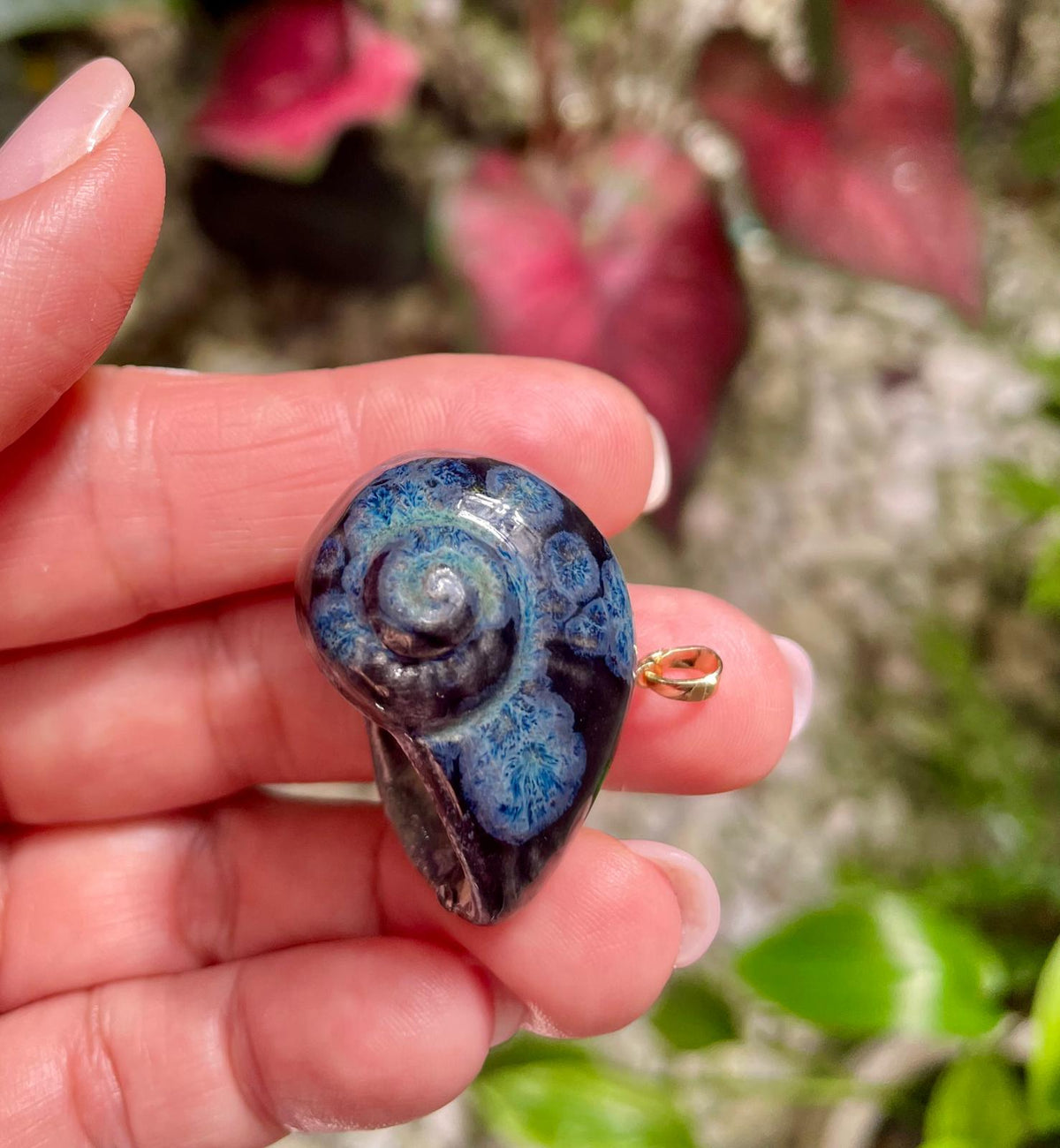 Unique Handmade Ceramic Colorful Polymita Deep Blue Pendant Jewelry.