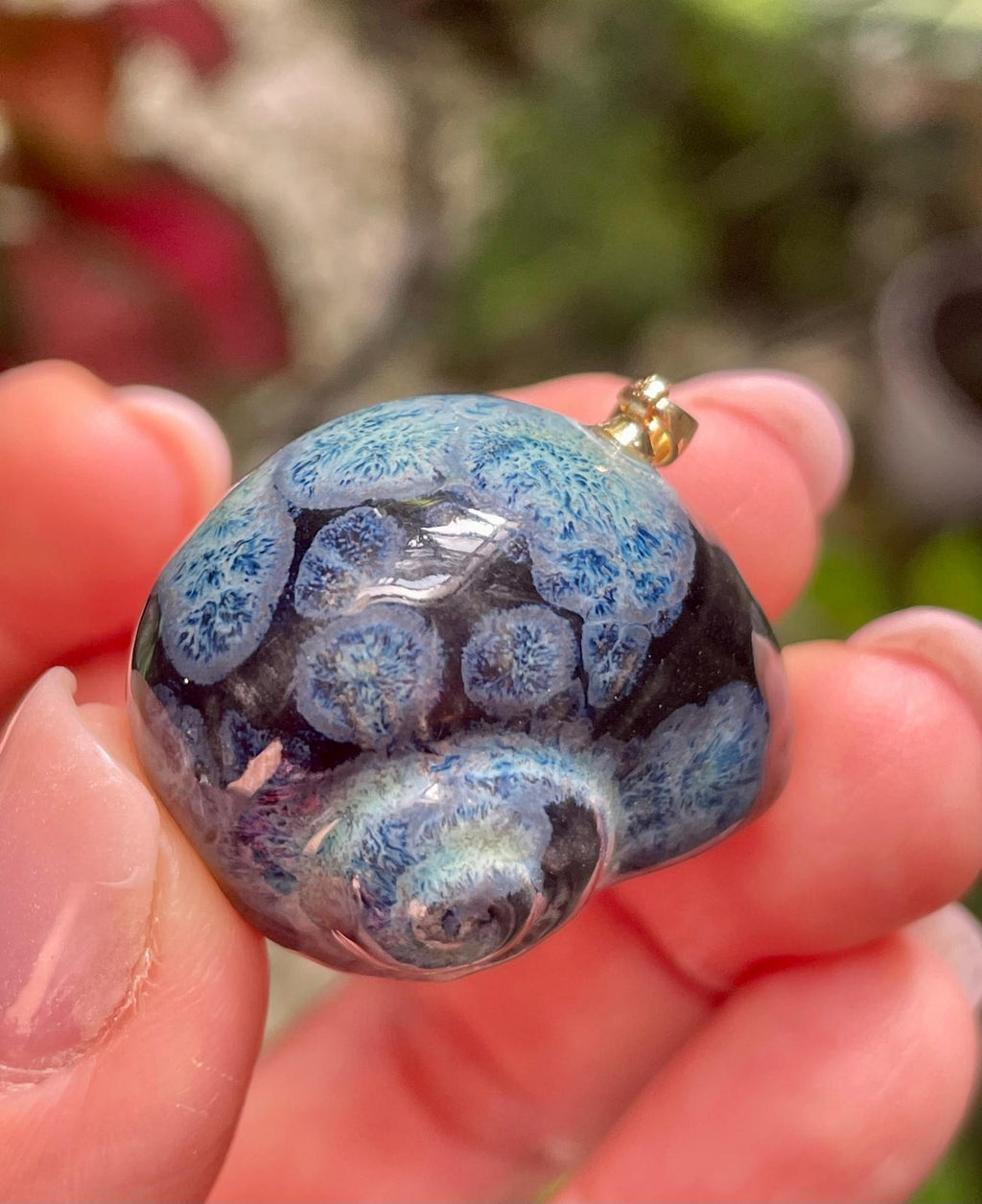 Unique Handmade Ceramic Colorful Polymita Deep Blue Pendant Jewelry.