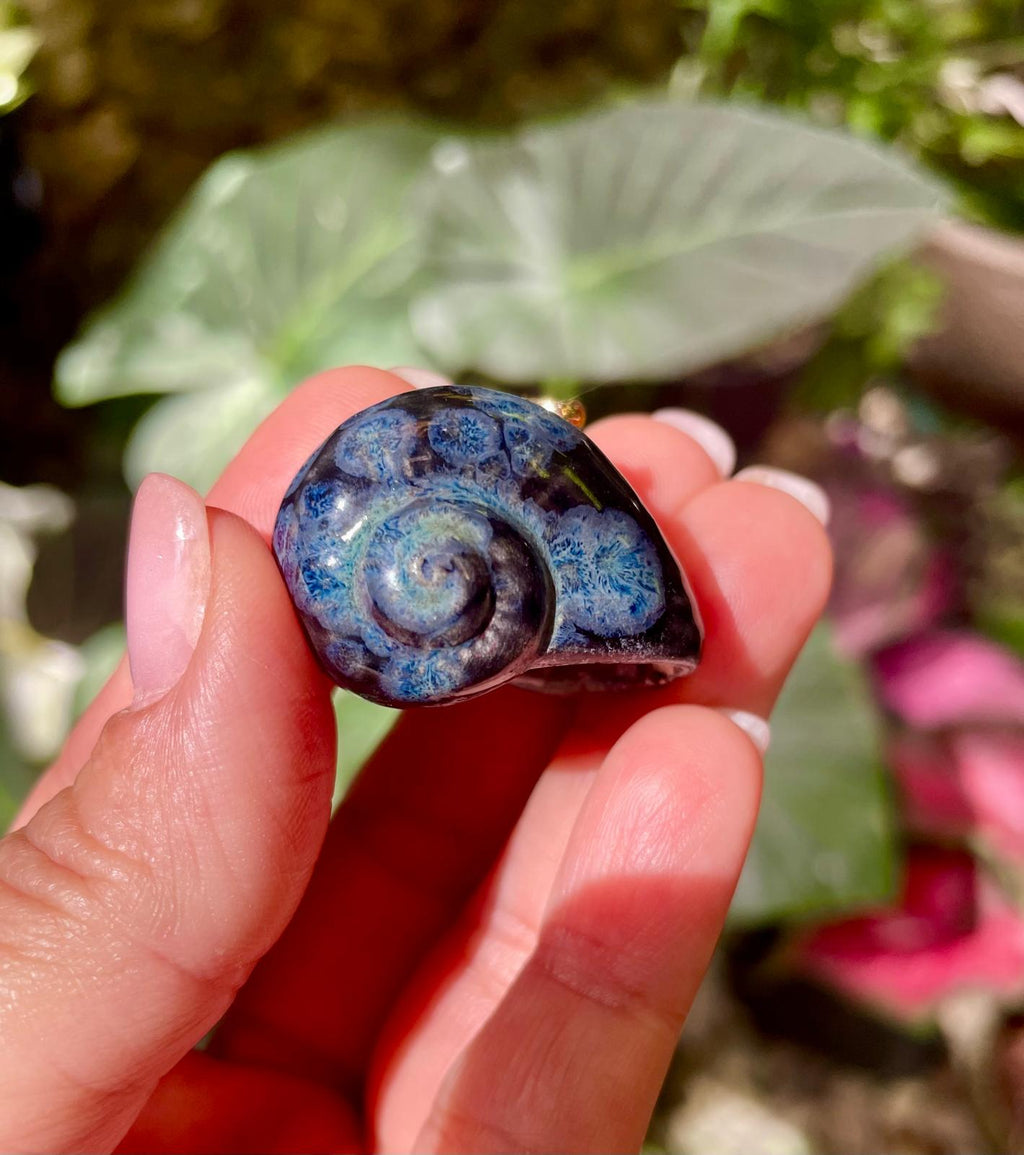 Unique Handmade Ceramic Colorful Polymita Deep Blue Pendant Jewelry.