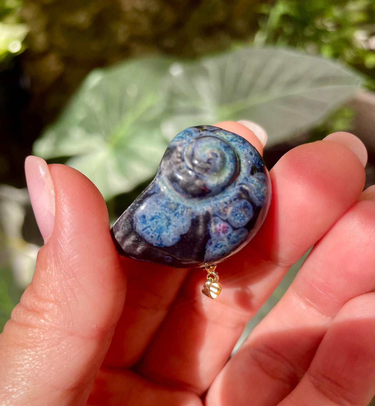Unique Handmade Ceramic Colorful Polymita Deep Blue Pendant Jewelry.