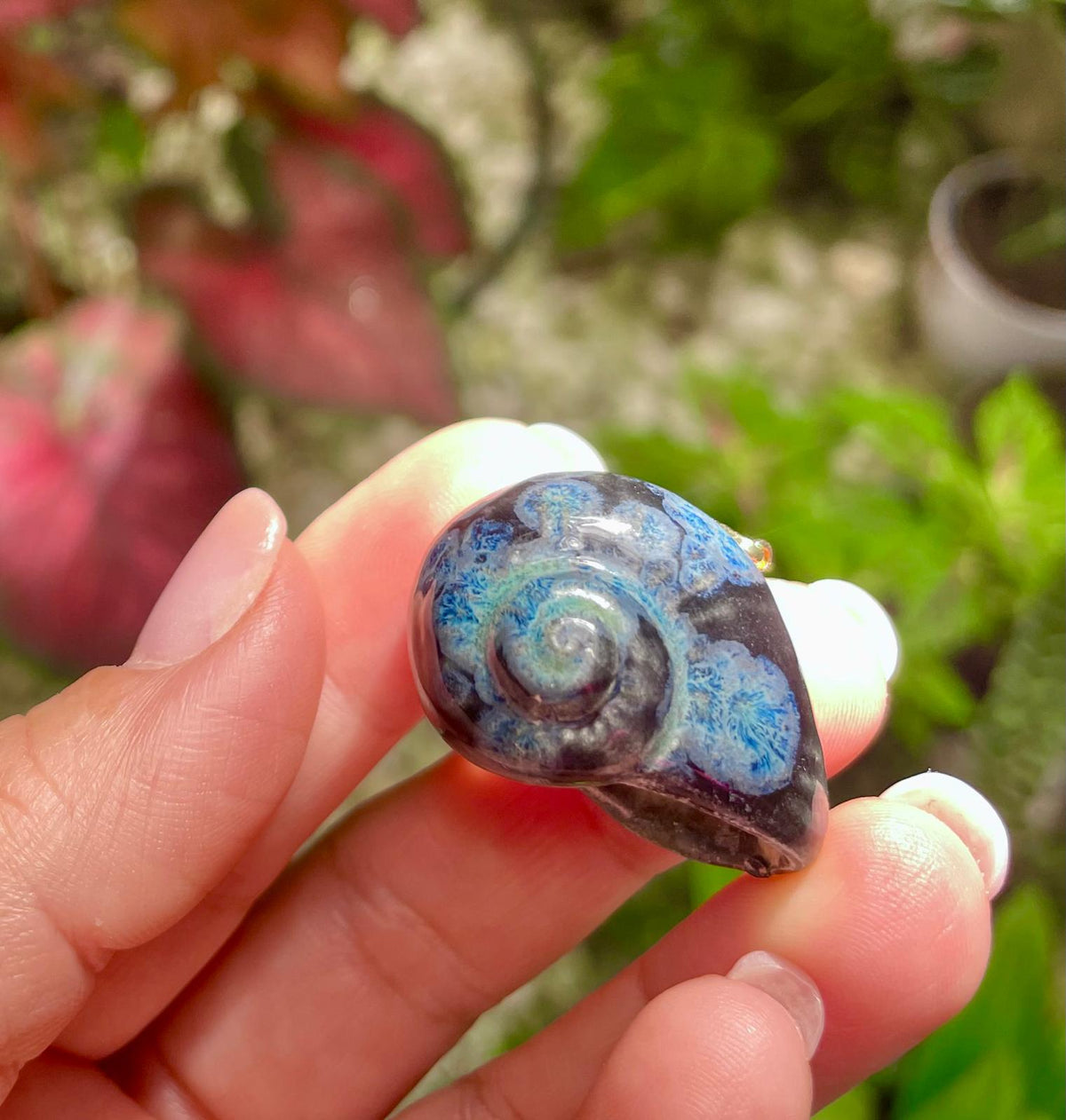 Unique Handmade Ceramic Colorful Polymita Deep Blue Pendant Jewelry.