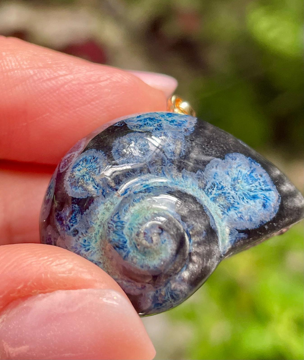 Unique Handmade Ceramic Colorful Polymita Deep Blue Pendant Jewelry.