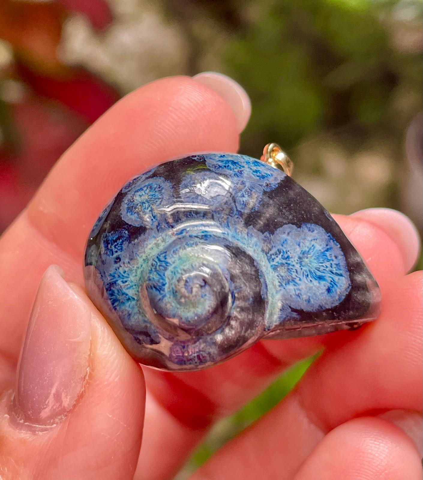 Unique Handmade Ceramic Colorful Polymita Deep Blue Pendant Jewelry.