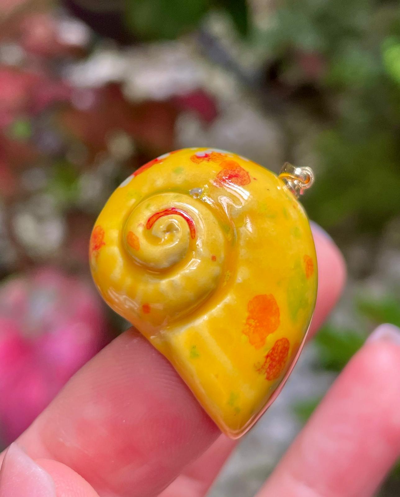 Unique Handmade Ceramic Colorful Polymita Orange Speckles Pendant Jewelry.