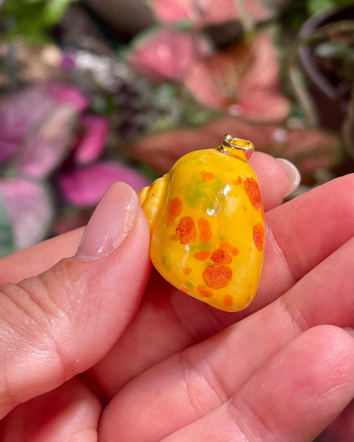 Unique Handmade Ceramic Colorful Polymita Orange Speckles Pendant Jewelry.