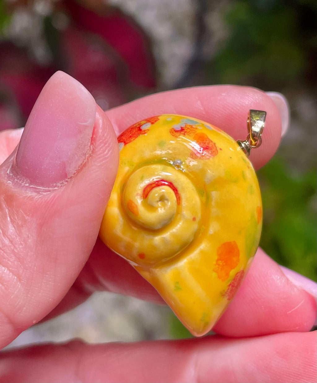 Unique Handmade Ceramic Colorful Polymita Orange Speckles Pendant Jewelry.