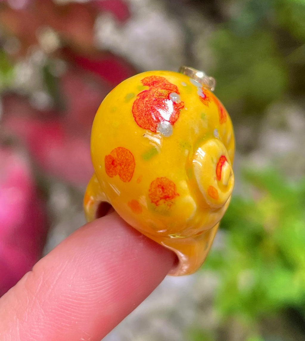 Unique Handmade Ceramic Colorful Polymita Orange Speckles Pendant Jewelry.