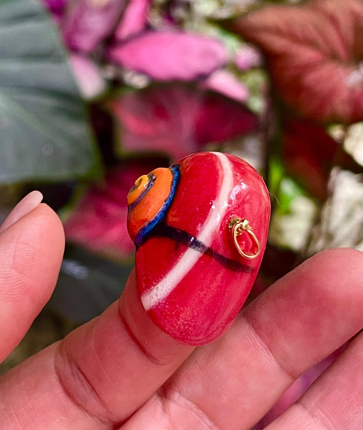 Unique Handmade Ceramic Colorful Polymita Red Pendant Jewelry.