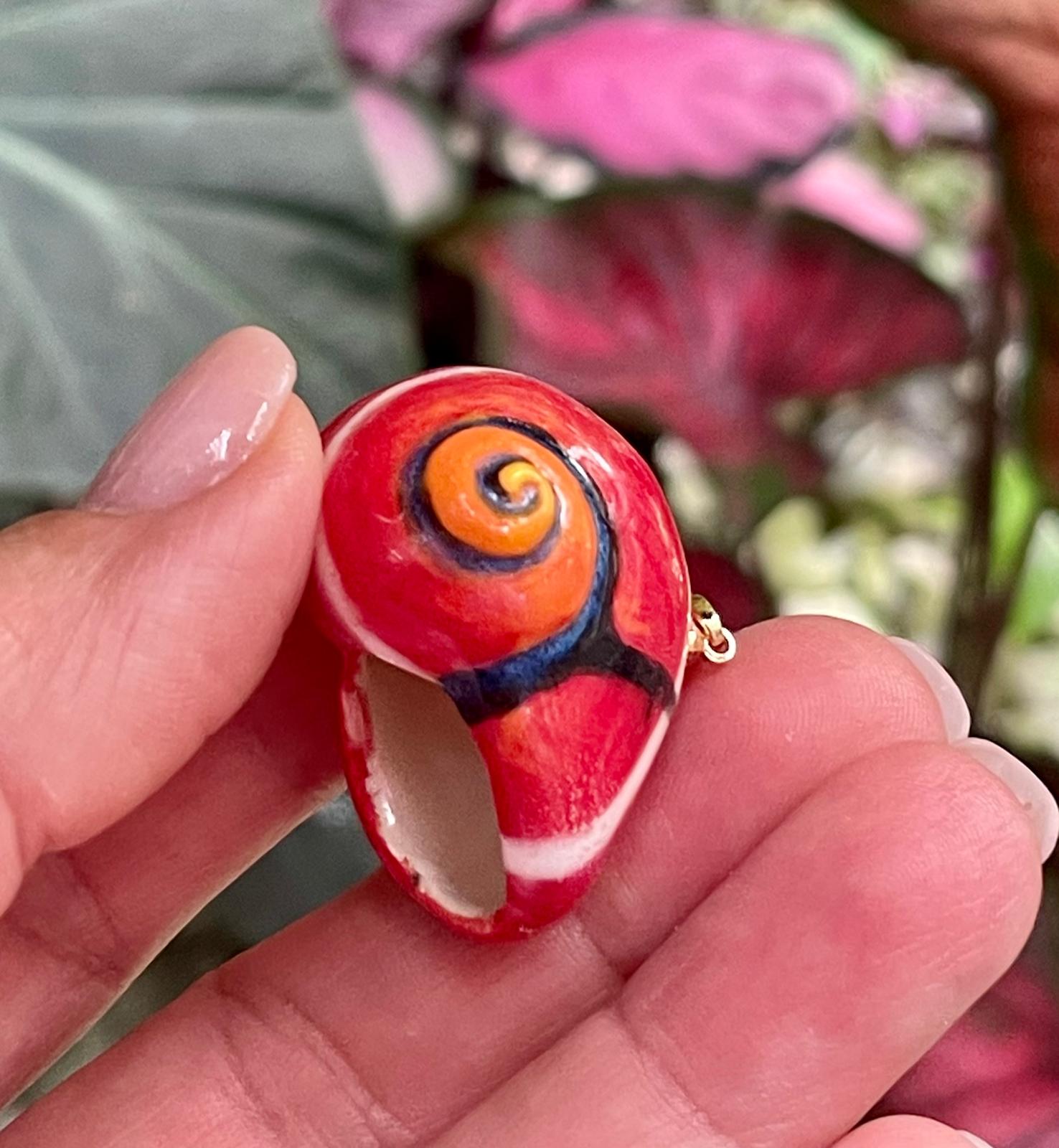 Unique Handmade Ceramic Colorful Polymita Red Pendant Jewelry.