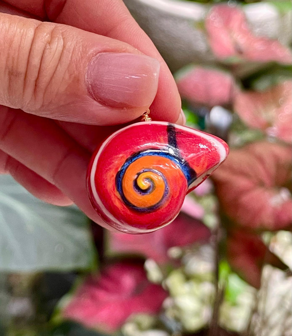 Unique Handmade Ceramic Colorful Polymita Red Pendant Jewelry.