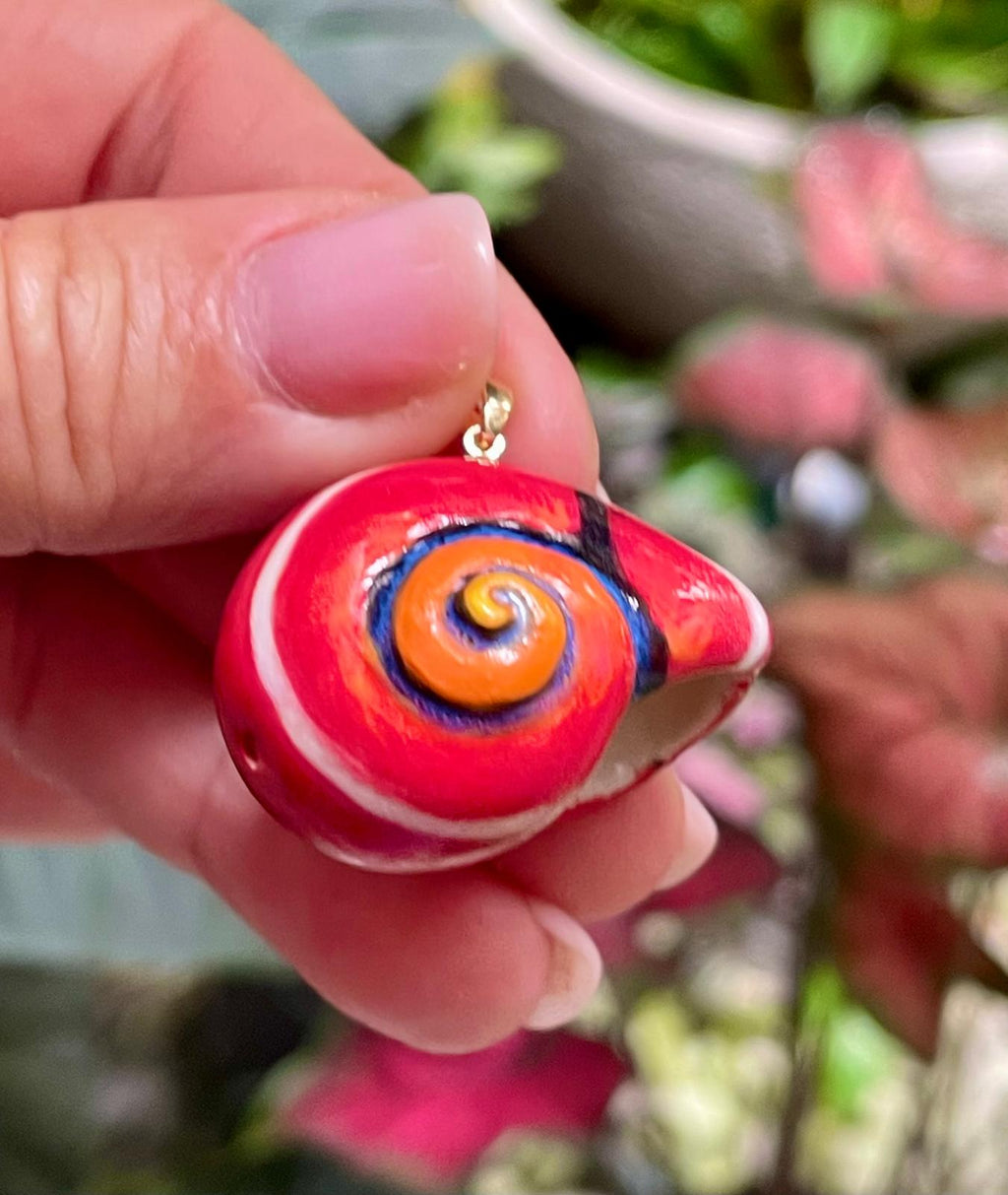Unique Handmade Ceramic Colorful Polymita Red Pendant Jewelry.