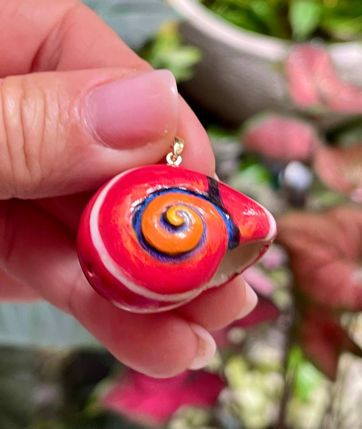 Unique Handmade Ceramic Colorful Polymita Red Pendant Jewelry.
