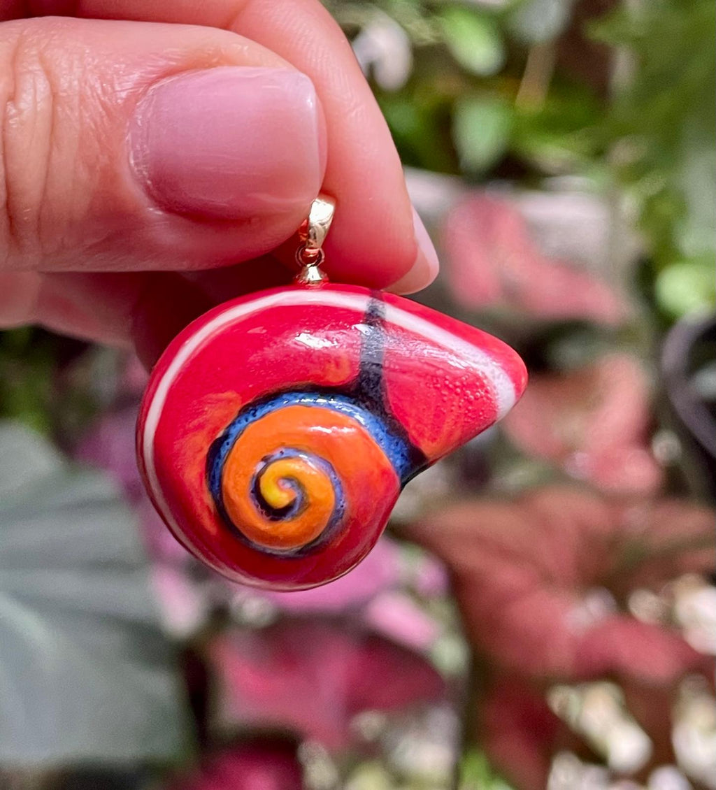 Unique Handmade Ceramic Colorful Polymita Red Pendant Jewelry.