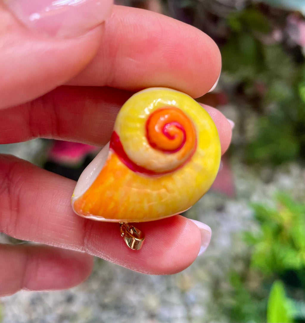 Unique Handmade Ceramic Colorful Polymita Tangerine Pendant Jewelry.