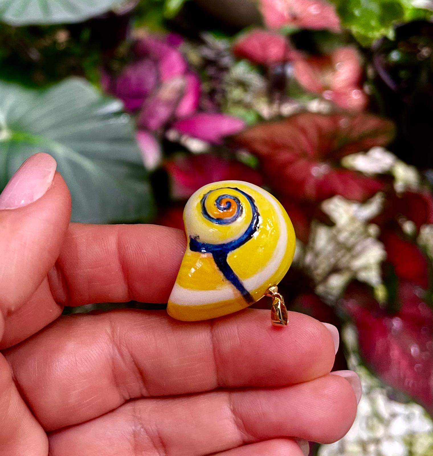 Unique Handmade Ceramic Colorful Polymita Yellow Lemon Pendant Jewelry.
