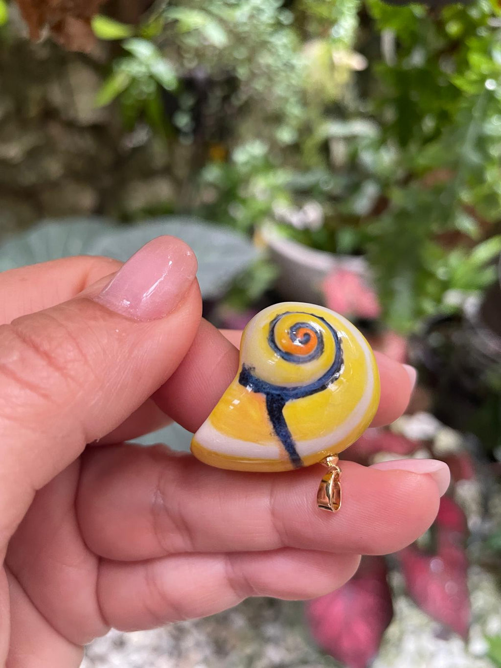 Unique Handmade Ceramic Colorful Polymita Yellow Lemon Pendant Jewelry.