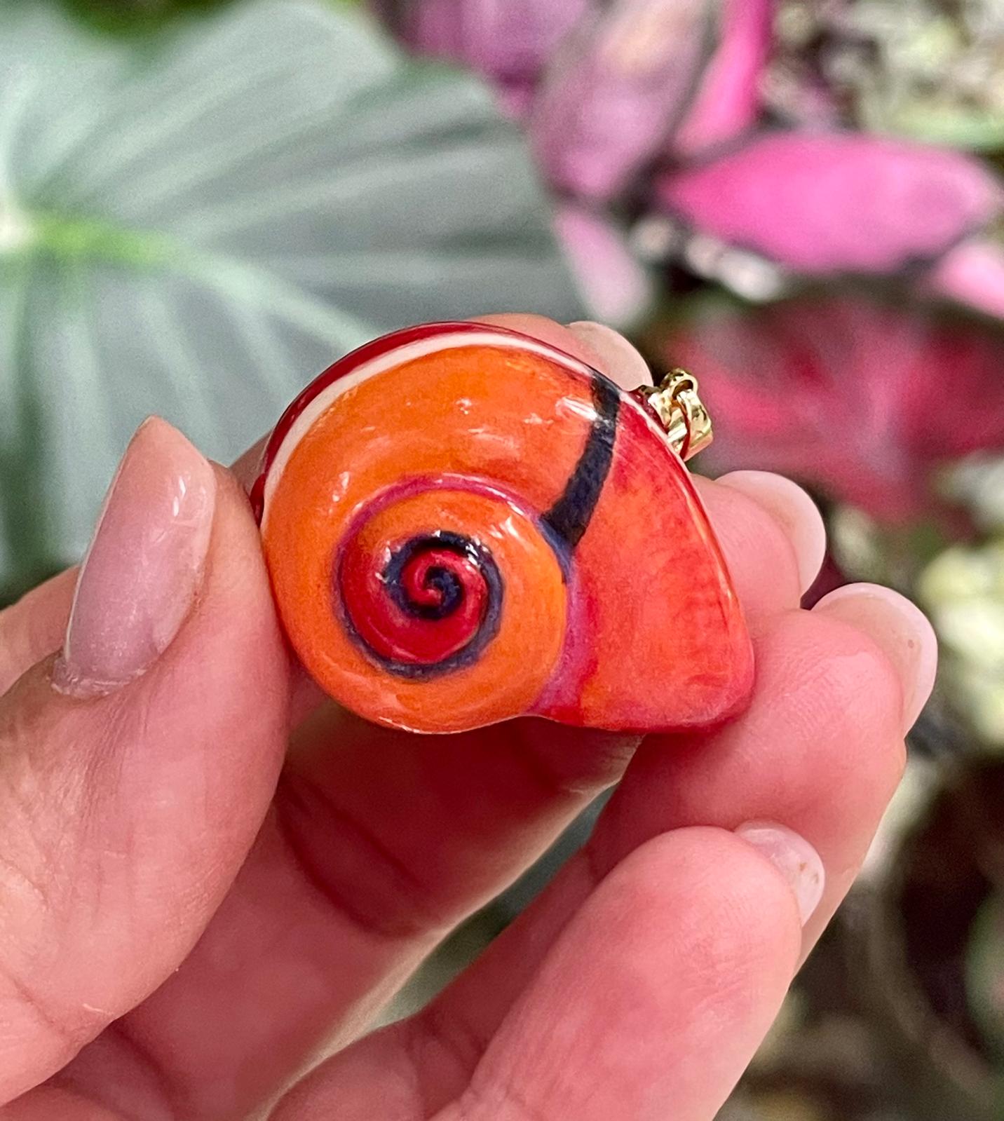 Unique Handmade Ceramic Colorful Polymita Orange Red Pendant Jewelry.