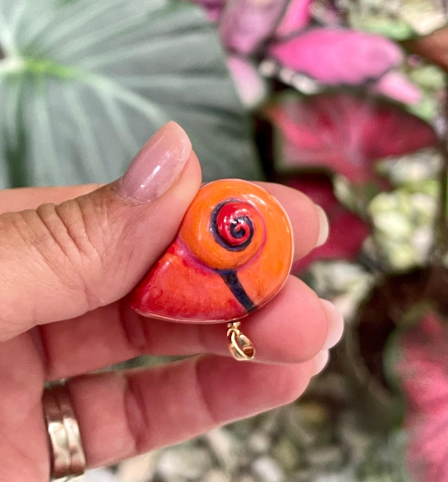 Unique Handmade Ceramic Colorful Polymita Orange Red Pendant Jewelry.