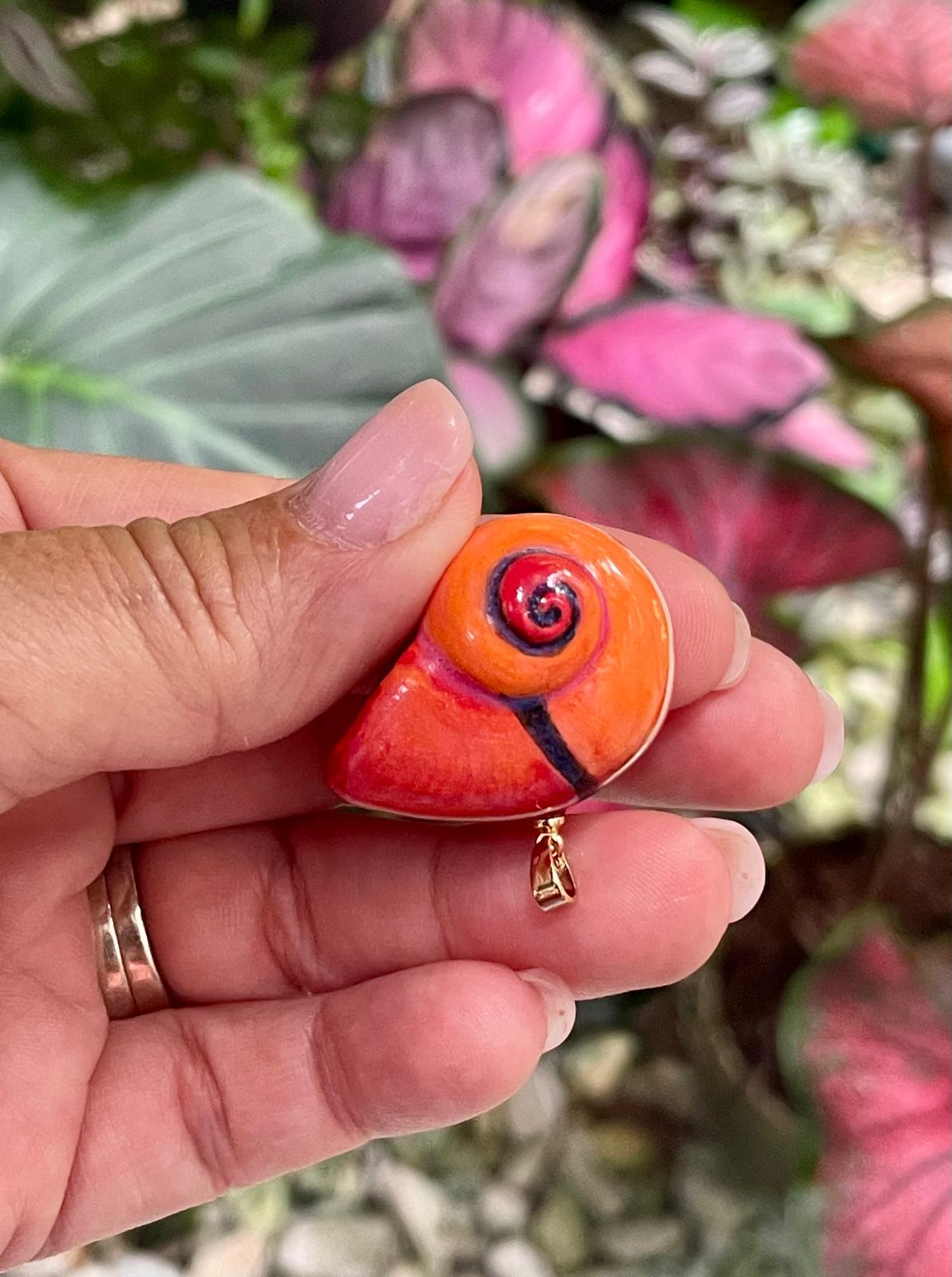 Unique Handmade Ceramic Colorful Polymita Orange Red Pendant Jewelry.