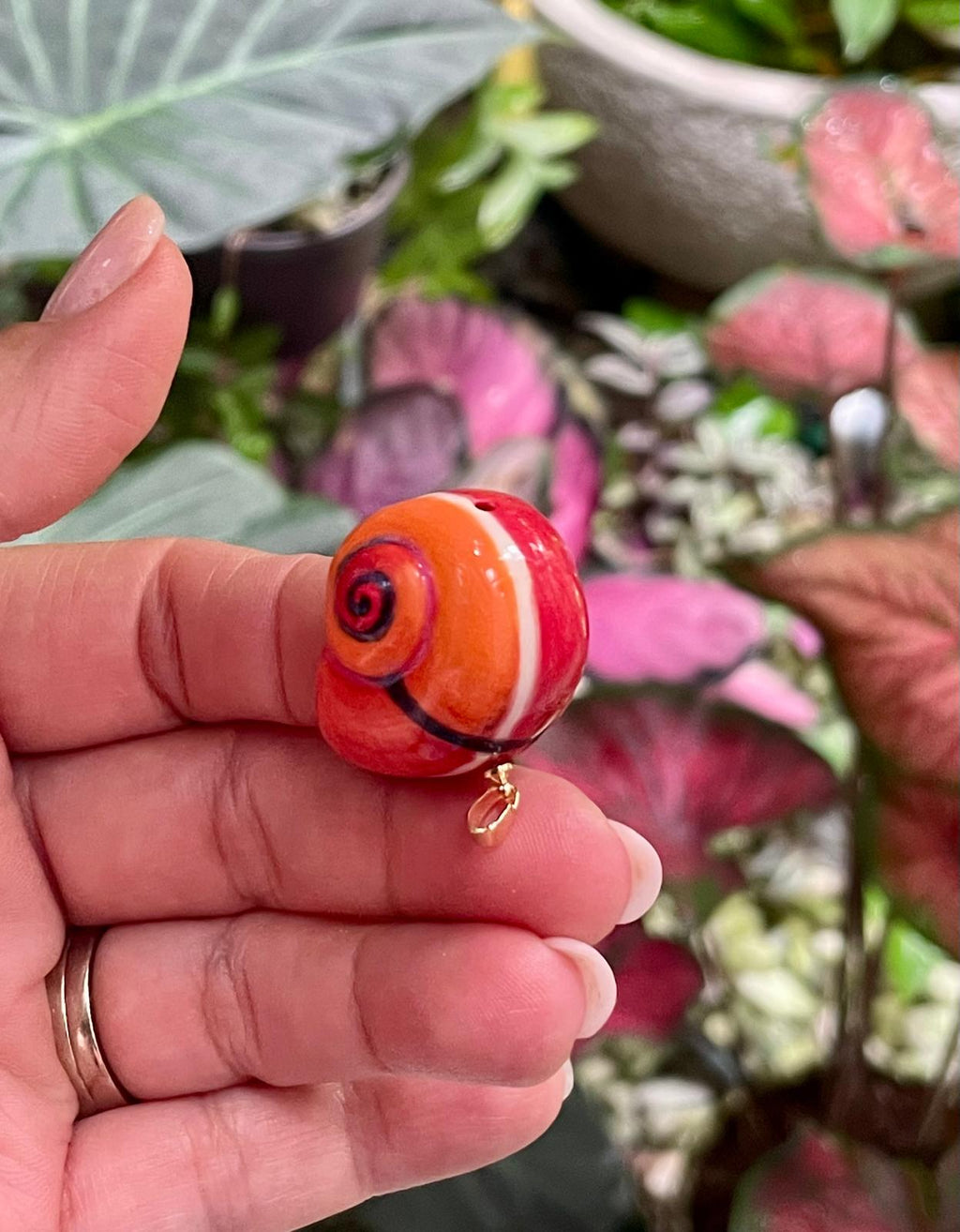 Unique Handmade Ceramic Colorful Polymita Orange Red Pendant Jewelry.