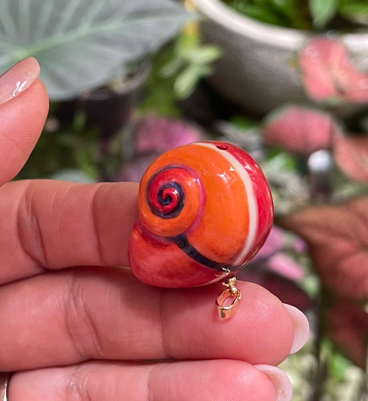 Unique Handmade Ceramic Colorful Polymita Orange Red Pendant Jewelry.