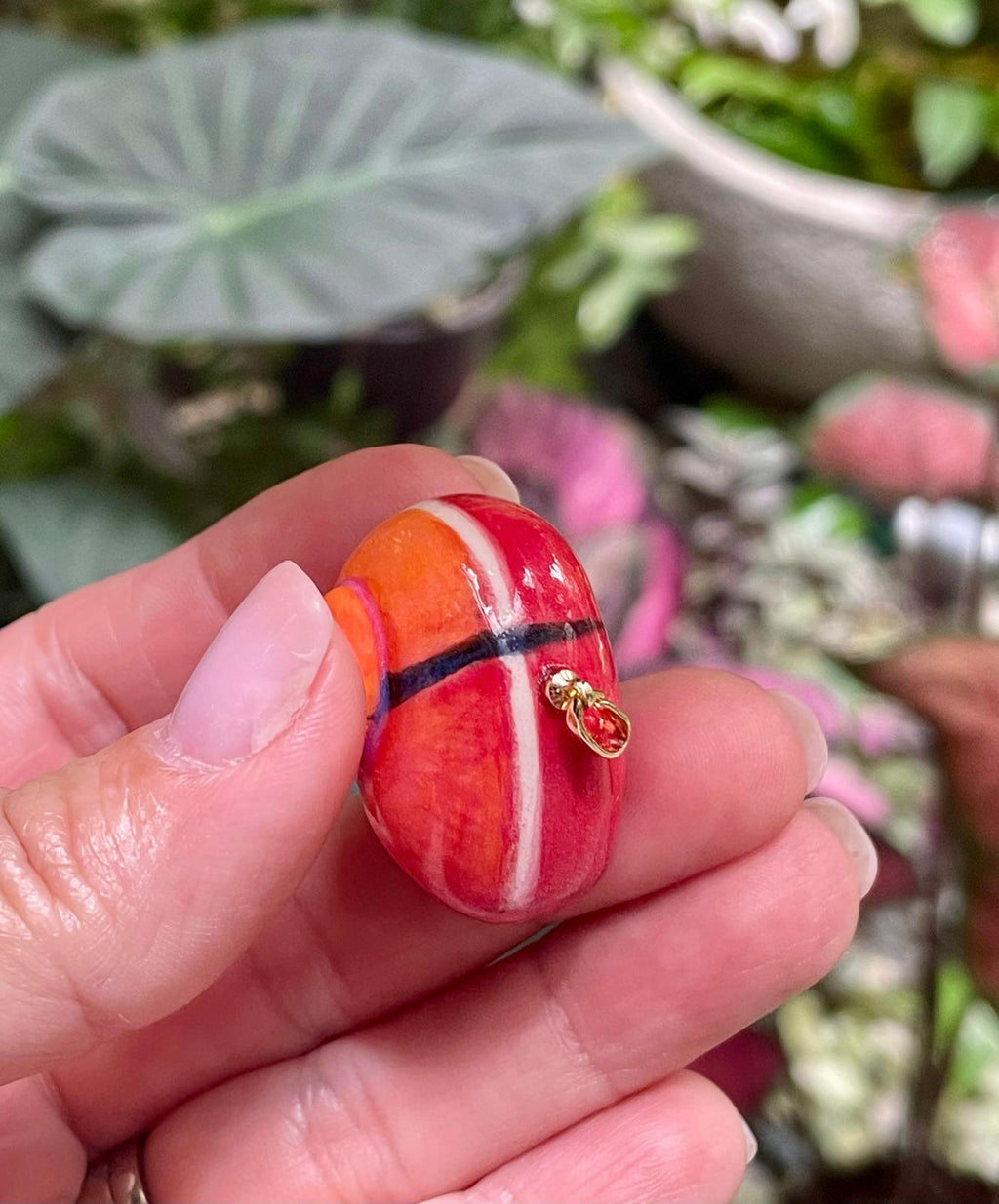 Unique Handmade Ceramic Colorful Polymita Orange Red Pendant Jewelry.