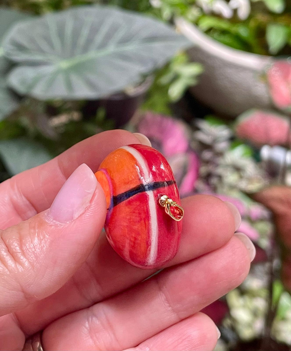 Unique Handmade Ceramic Colorful Polymita Orange Red Pendant Jewelry.