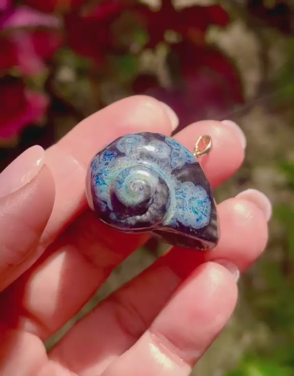 Unique Handmade Ceramic Colorful Polymita Deep Blue Pendant Jewelry.