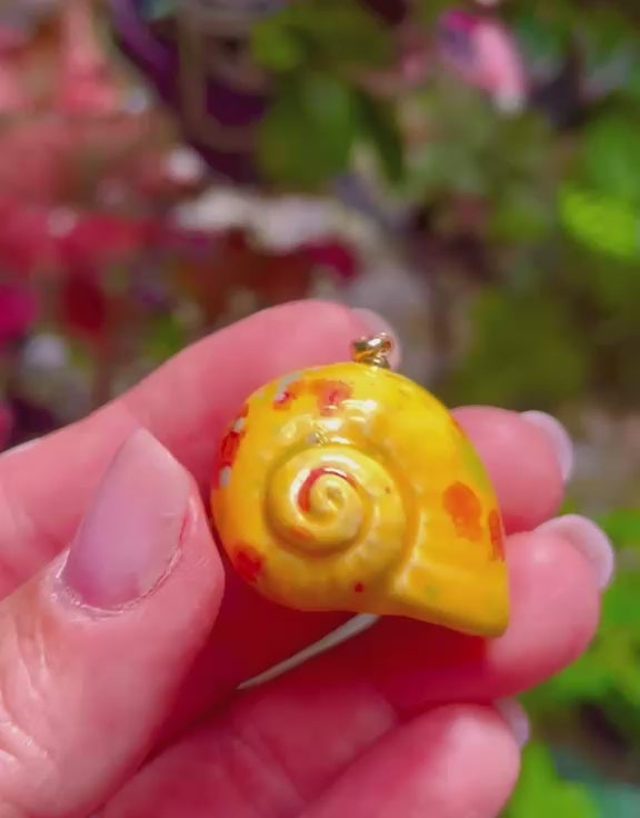 Unique Handmade Ceramic Colorful Polymita Orange Speckles Pendant Jewelry.